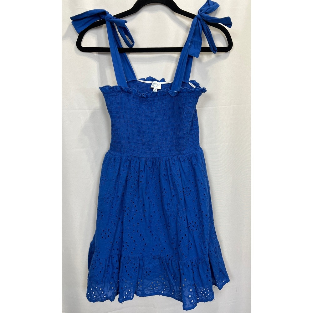 Francesca's Blue Cotton Eyelet Smocked Tie Shoulder Mini Dress Small